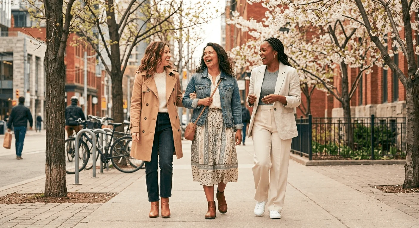 Spring outfits for Canadian women 2026 – three women in spring transition outfits walking together in a Canadian city