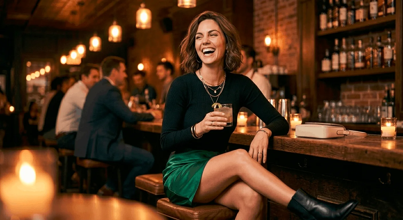 St. Patrick's Day bar outfit ideas for women 2026 — forest green mini skirt with black bodysuit and gold jewelry at a bar