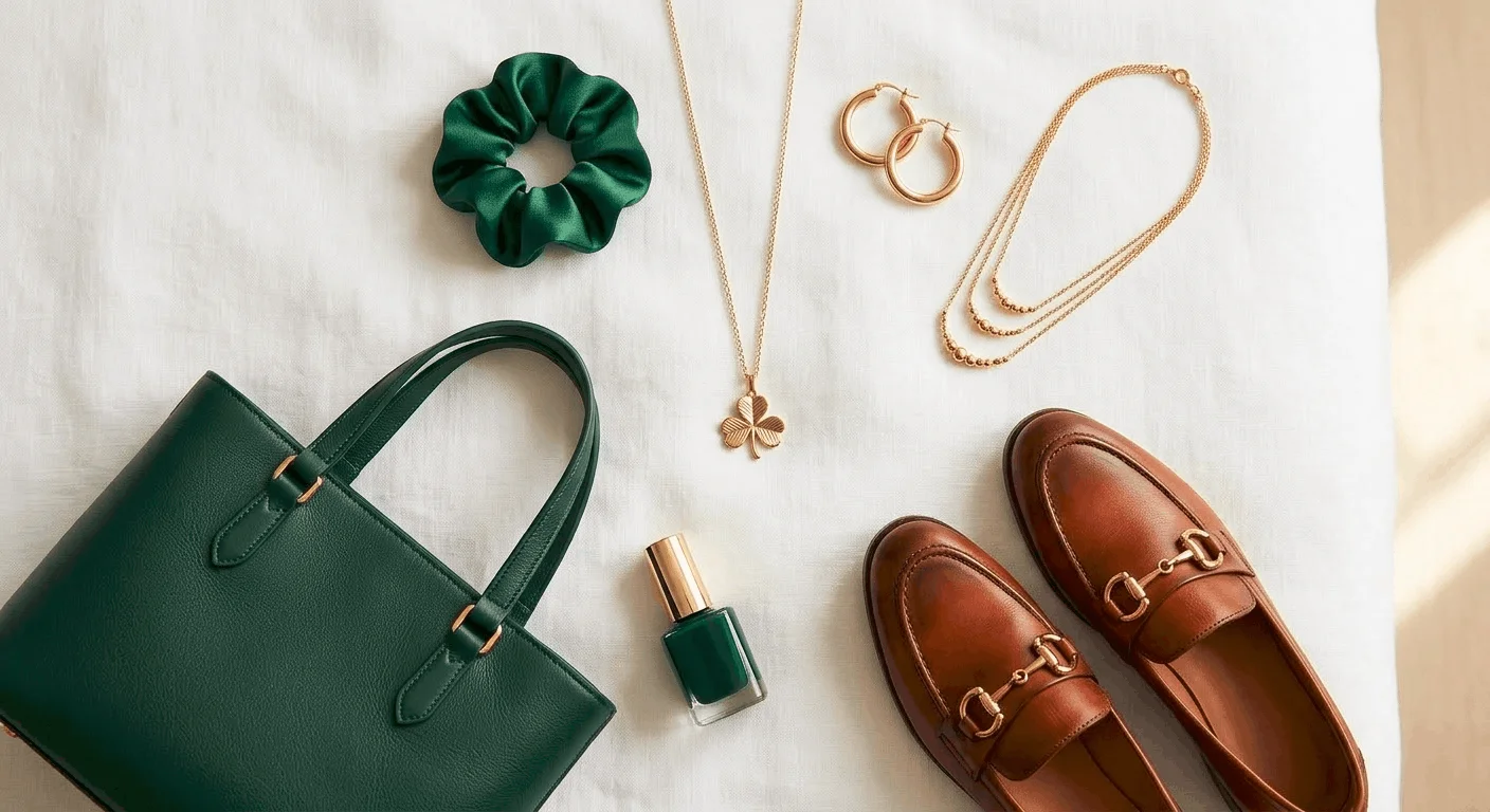 St. Patrick's Day outfit accessories 2026 — gold clover necklace, hunter green tote bag, silk scrunchie and gold hoops styled on white linen