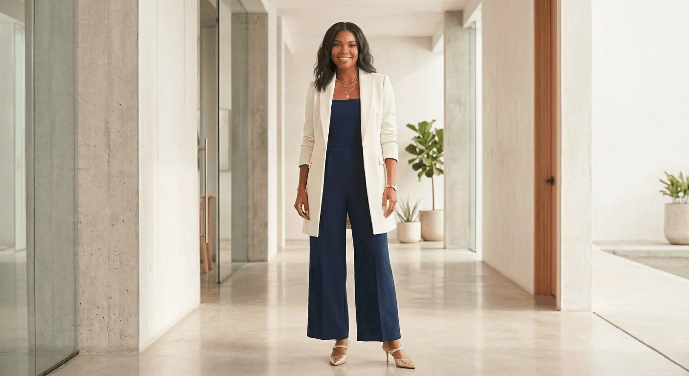 Tailored jumpsuit boss lady IWD fashion 2026 — wide-leg navy jumpsuit with blazer for Women's Day