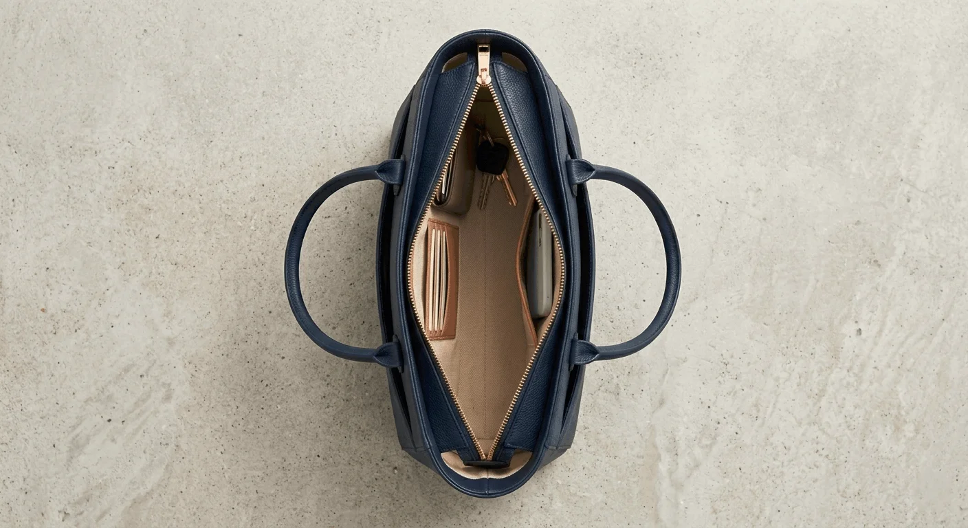 Navy blue structured tote bag with gold zipper and interior pockets — ideal tote bags with zipper and pockets for commuting