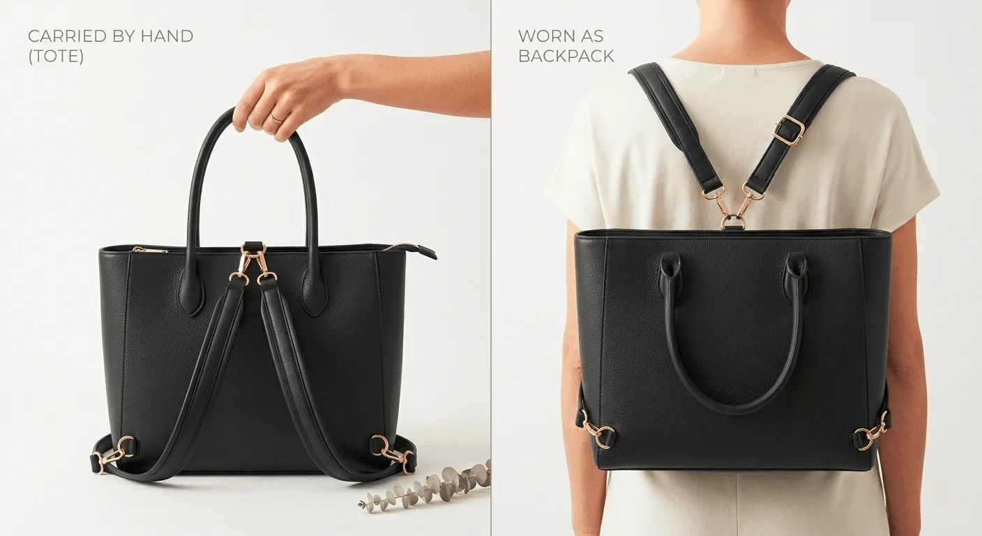 Convertible tote bag shown as both a handbag and backpack side by side — one of the most versatile tote bags worth buying in 2026
