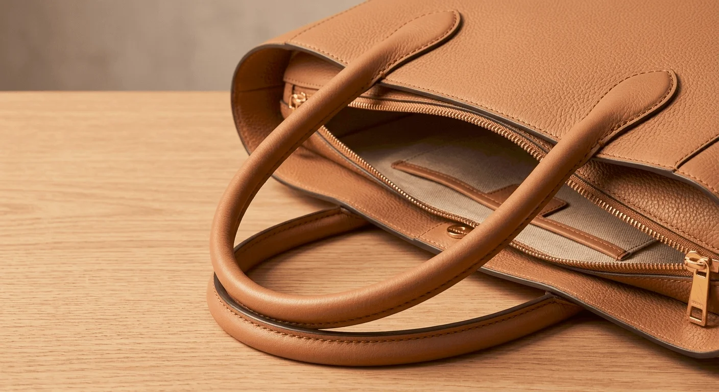 Close up of a quality leather tote bag showing stitching, zipper pockets and gold hardware — key features of tote bags worth buying