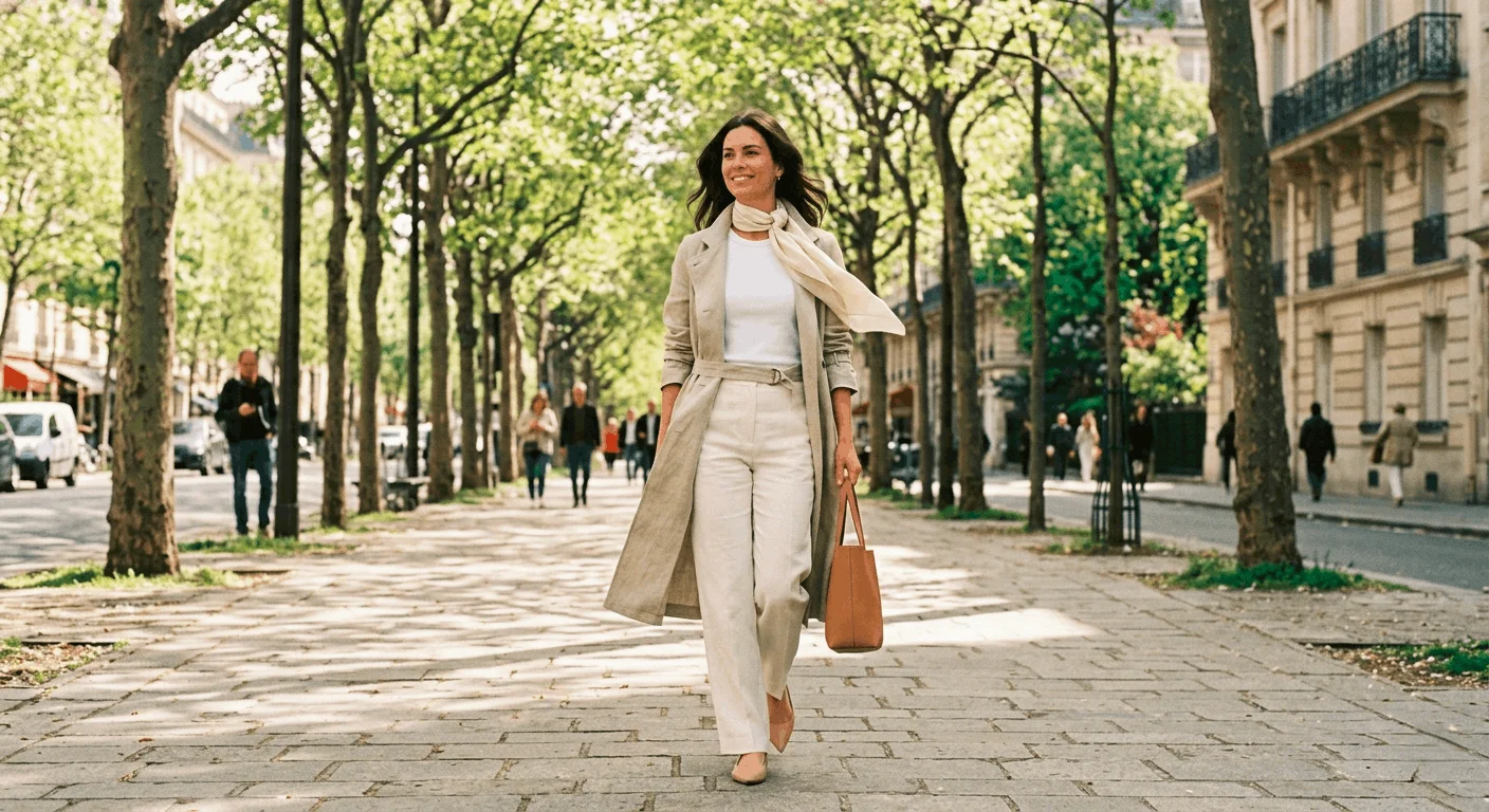 Trench coat outfit spring 2026 — woman in linen stone funnel-neck trench coat with wide-leg trousers, silk scarf and pointed-toe flats on a spring avenue