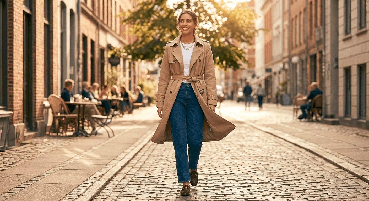 classic trench coat outfit spring 2026 belted beige trench with straight leg jeans and loafers