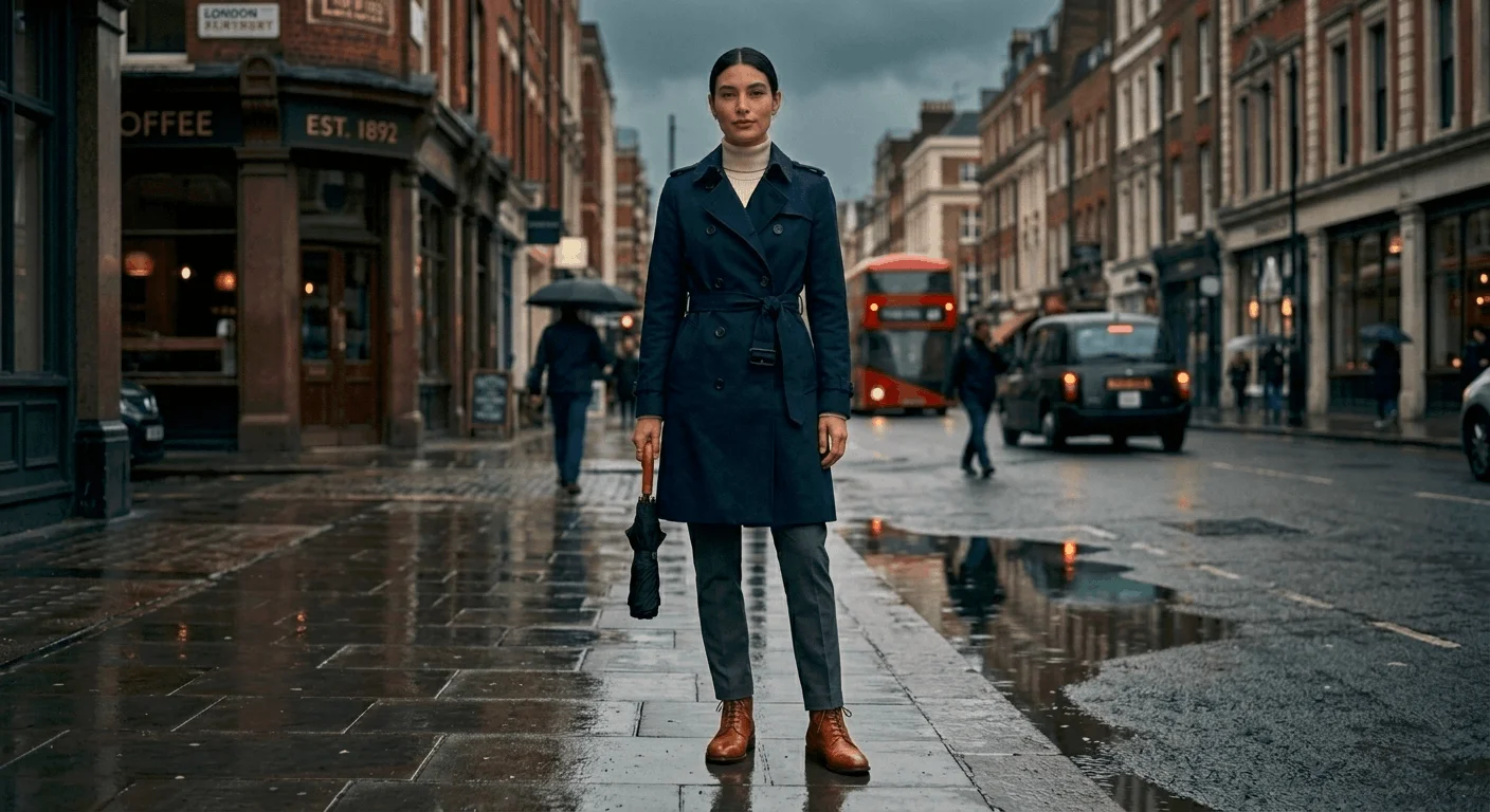Woman in a navy belted trench coat, white turtleneck, and tan ankle boots on a rainy London street in March — stylish layering outfit for unpredictable UK weather
