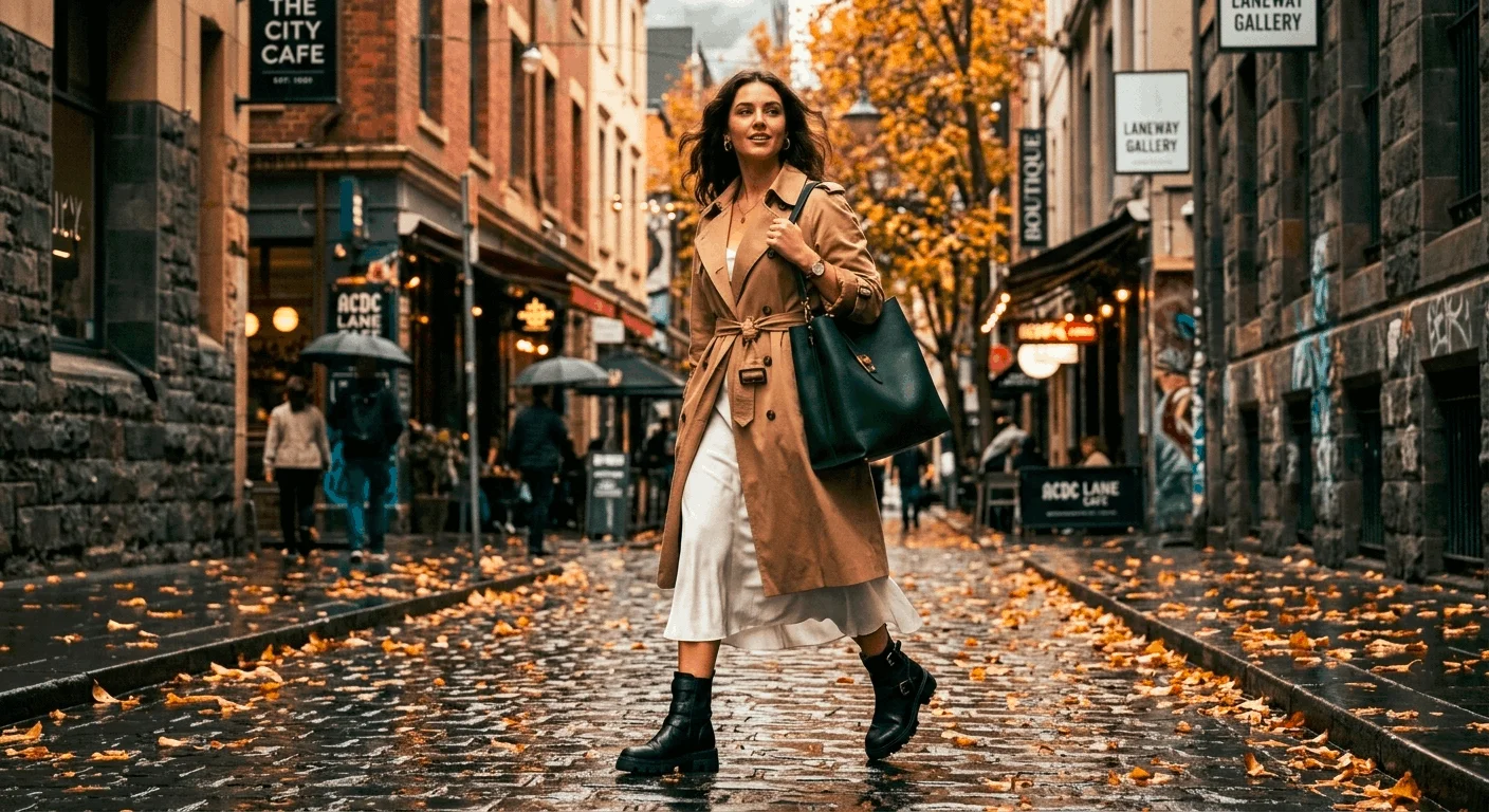Trench coat outfits Australia autumn 2026 — woman in camel belted trench coat over slip dress with chunky ankle boots on a wet city street