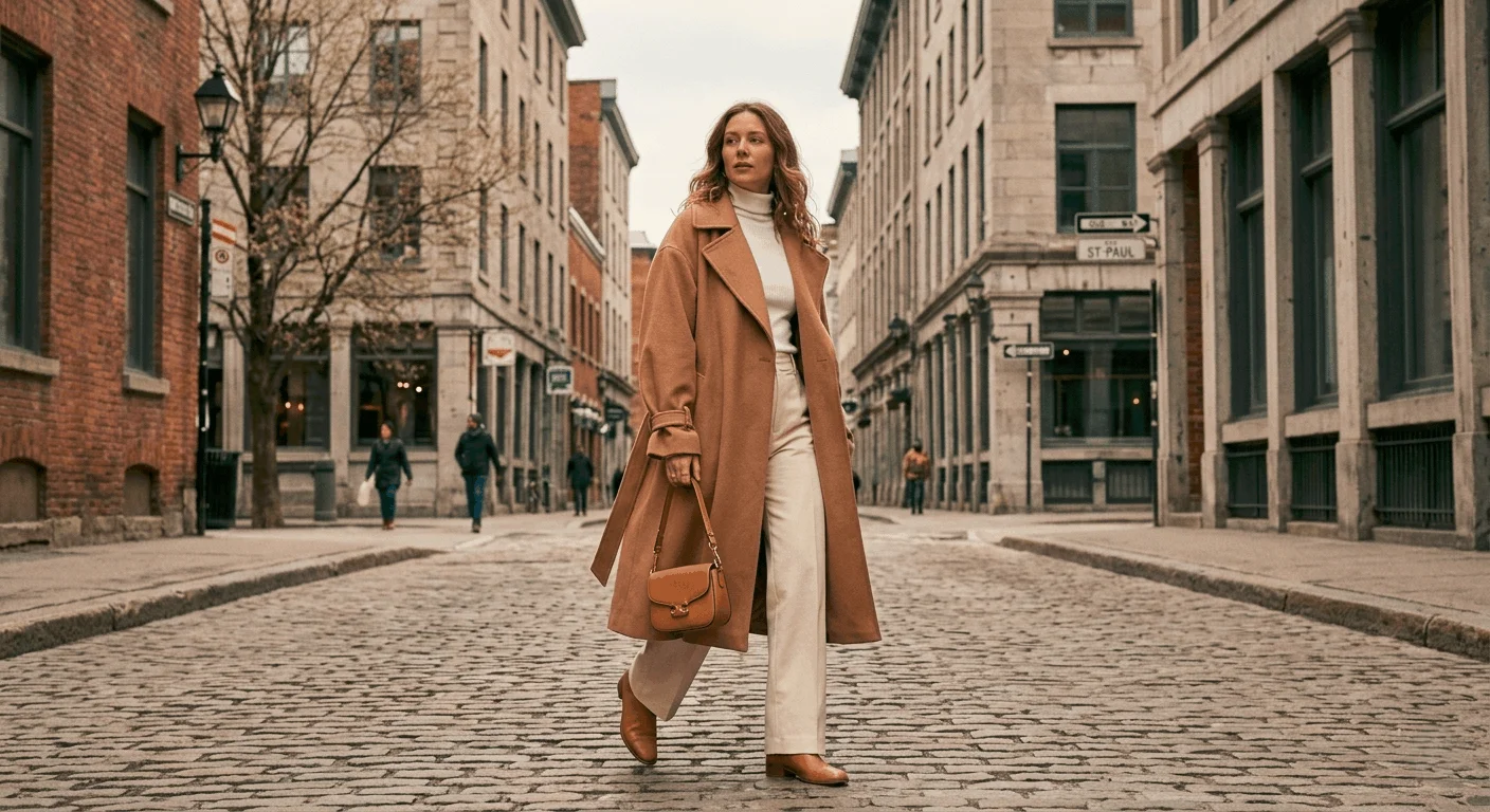 Trench coat spring styling for Canadian women – woman in belted camel trench coat over white turtleneck and wide-leg trousers