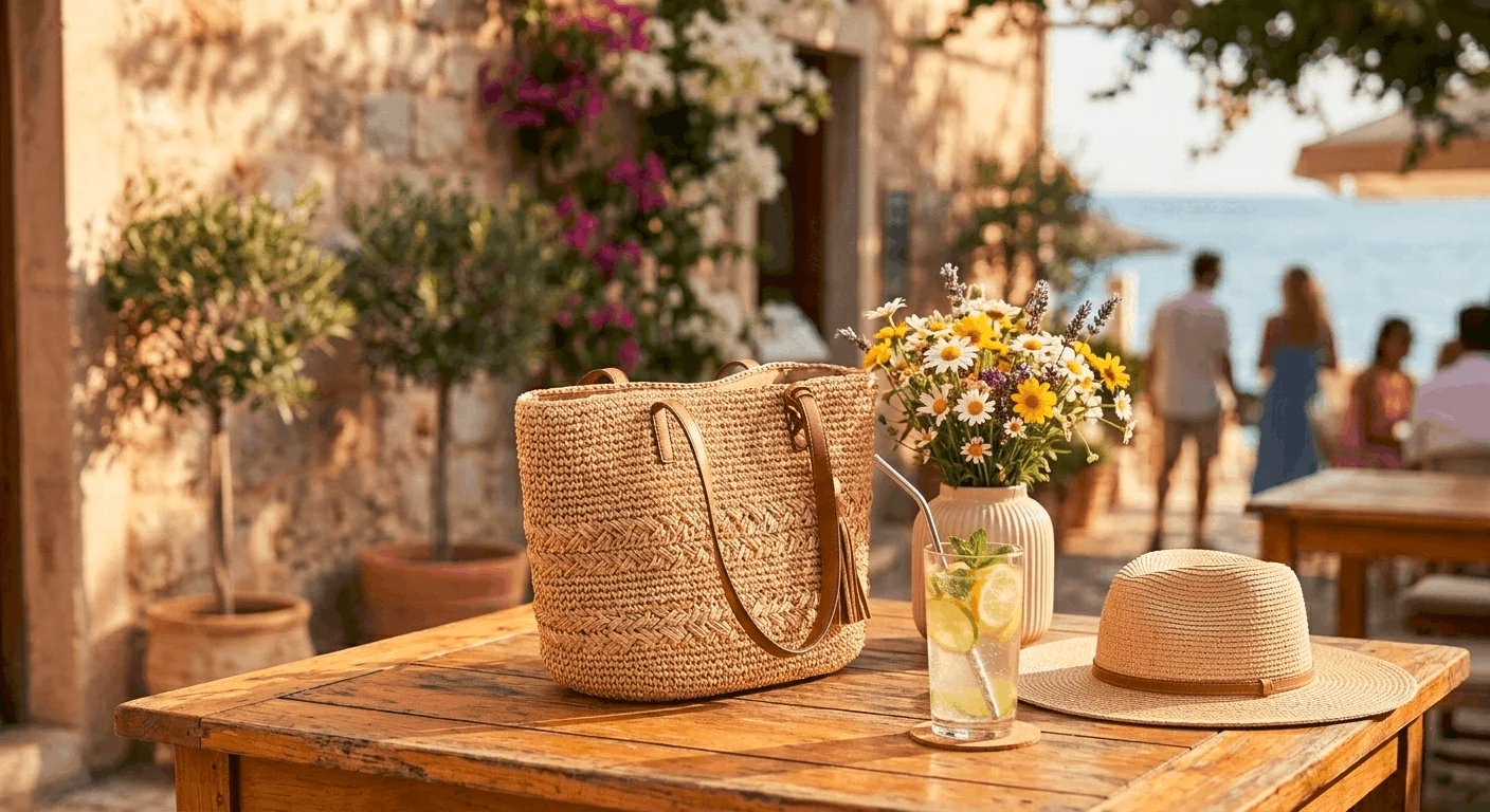 Woven straw and rattan tote bag on a sunny outdoor table with flowers and a sun hat — among the most trendy tote bags in 2026