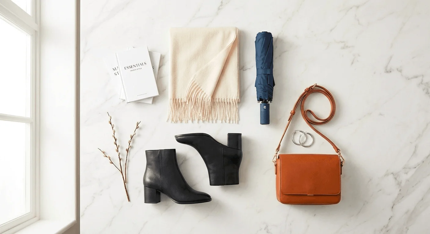 British spring fashion essentials flatlay for March — including a cream scarf, navy compact umbrella, tan crossbody bag, and black ankle boots for UK weather