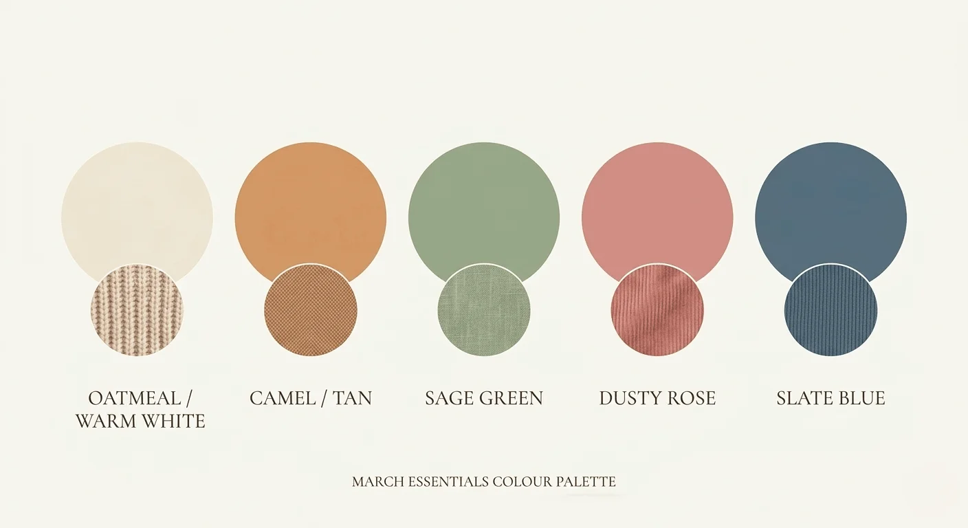 UK March 2026 fashion colour palette — oatmeal, camel, sage green, dusty rose, and slate blue spring outfit colour swatches for transitional British weather dressing