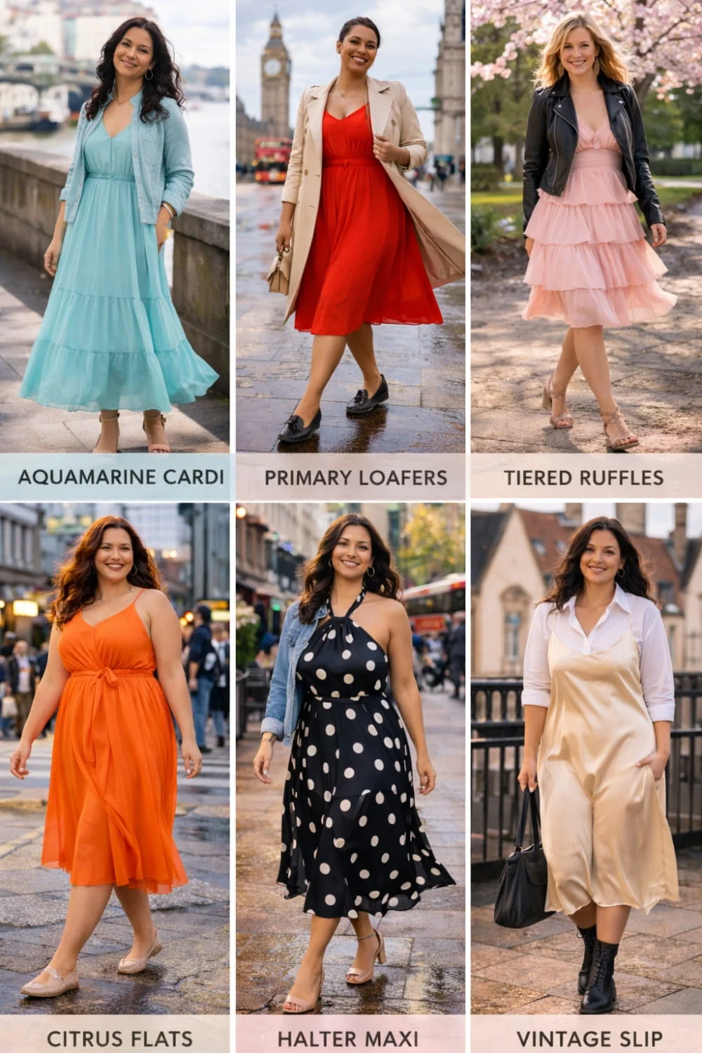 Collage of 10 must-have UK Spring 2026 Dress Trends from ruffle dresses 2026 to maxi dresses spring 2026 in London settings.
