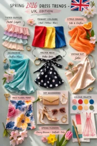 Overview infographic of UK spring fashion 2026 key trends including primary colours dresses and citrus dresses 2026.