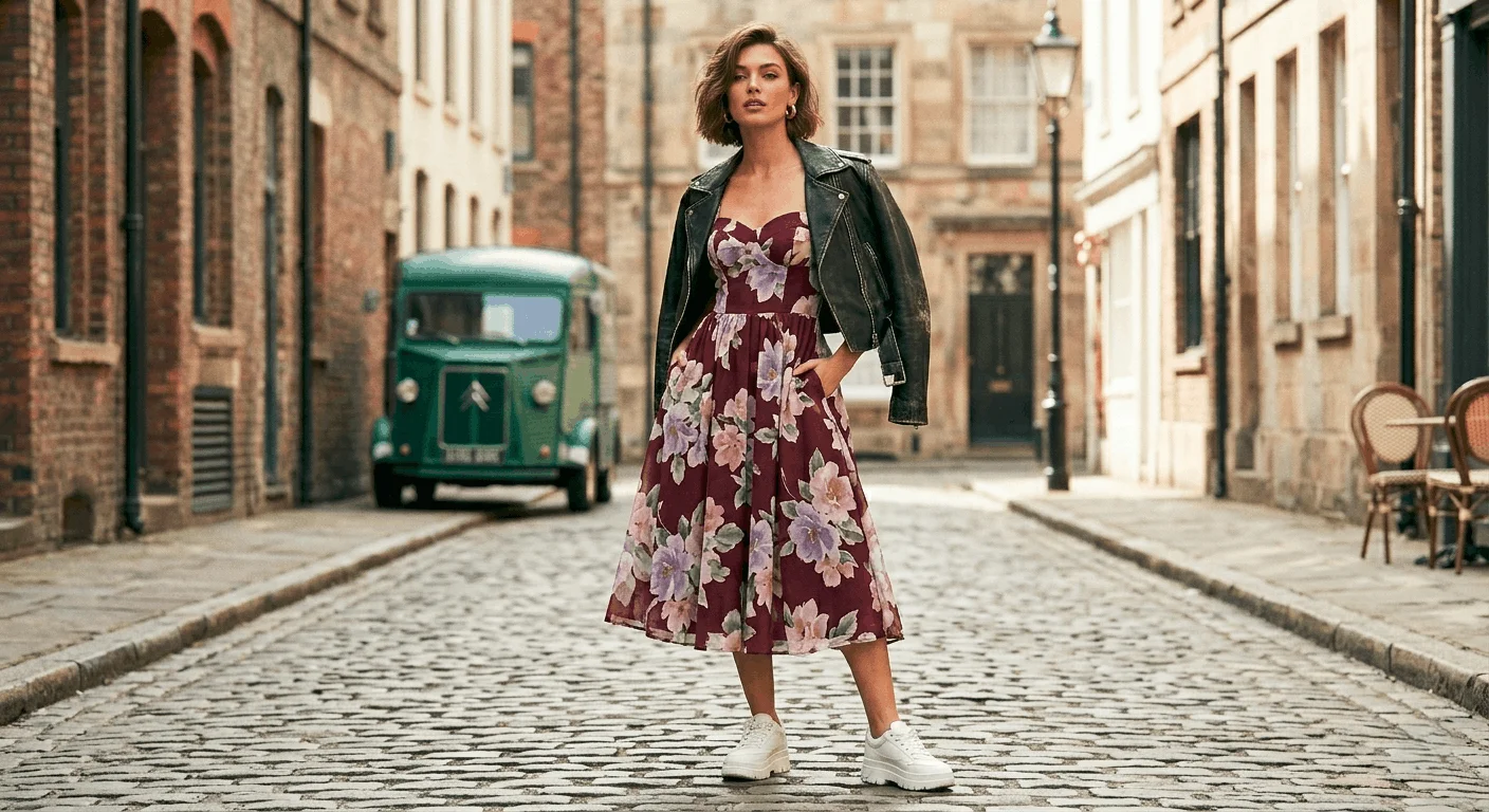 Woman wearing a 1950s-inspired vintage floral midi dress in burgundy with bold blooms, styled with chunky white trainers and a short black leather jacket for spring 2026
