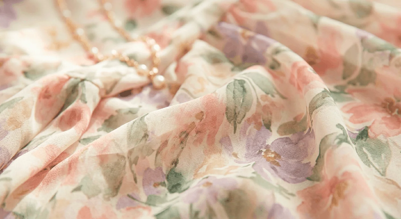 Close-up of a watercolour floral print dress in blush pink, sage green and dusty lilac for spring 2026, with a soft painterly botanical pattern