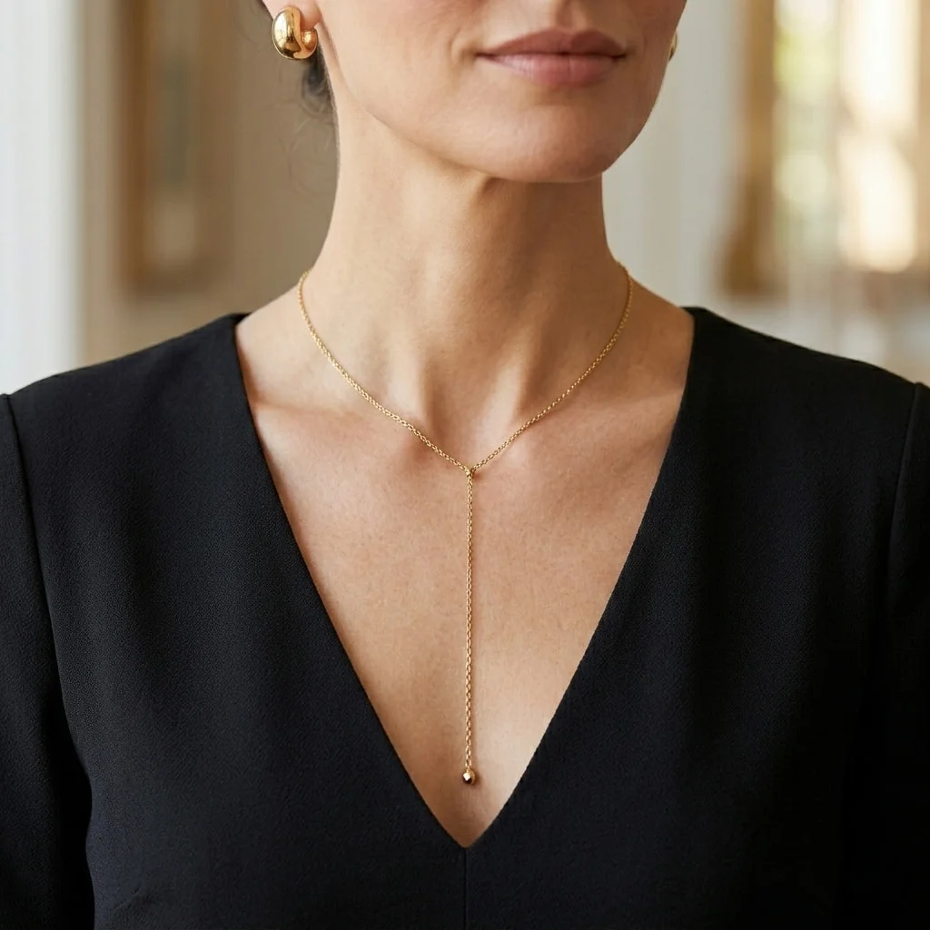 Y-chain pendant necklace styled with a V-neck little black dress – best necklace for V-neckline LBD in 2026