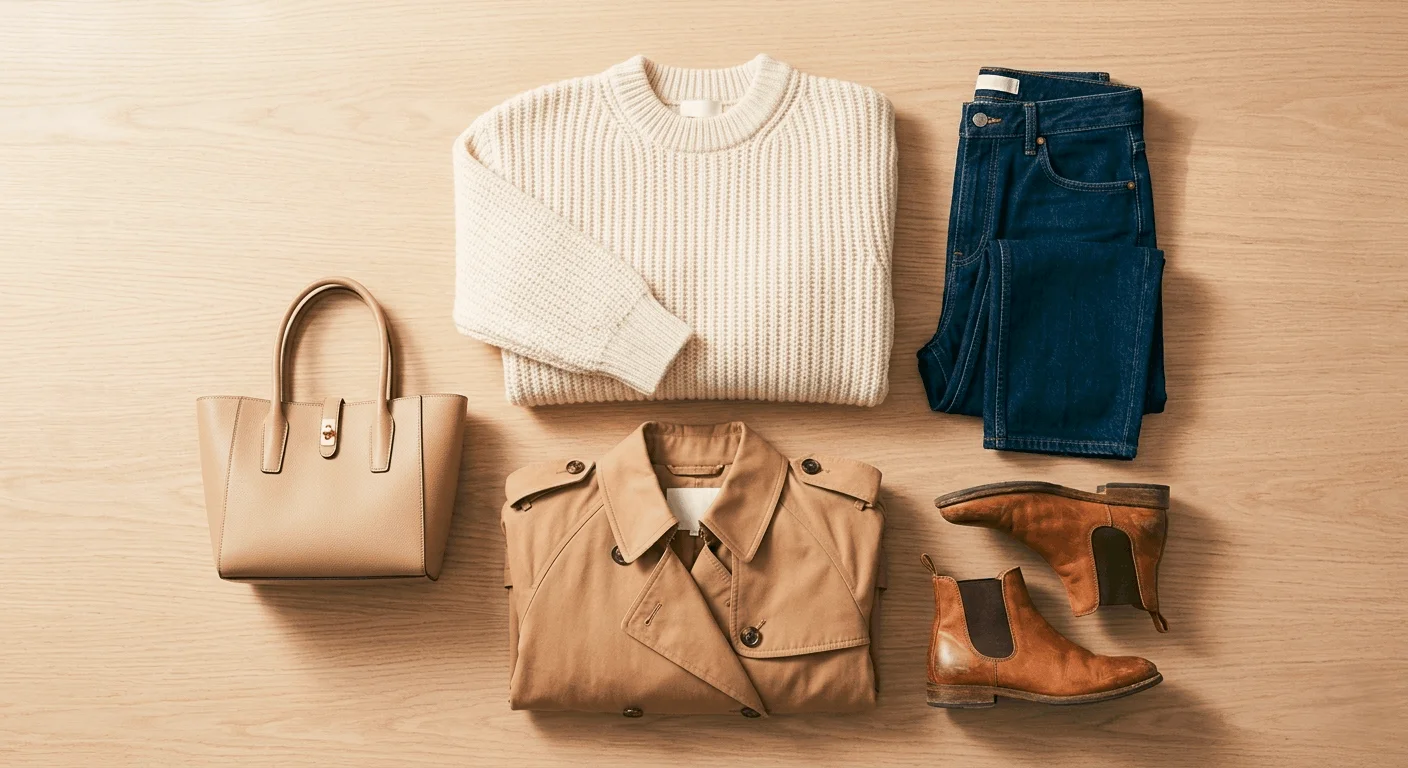 What to wear in March Canada – flat lay of spring transition outfit with knit sweater, trench coat, jeans, and ankle boots