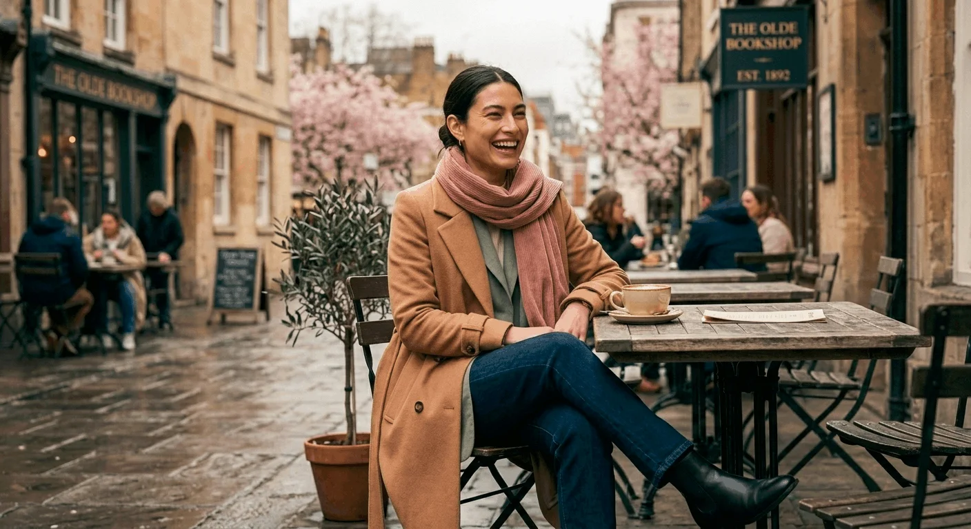 Woman in a camel coat, sage blazer, and dusty rose scarf sitting at an outdoor UK café in March — stylish and practical layered outfit for unpredictable British spring weather