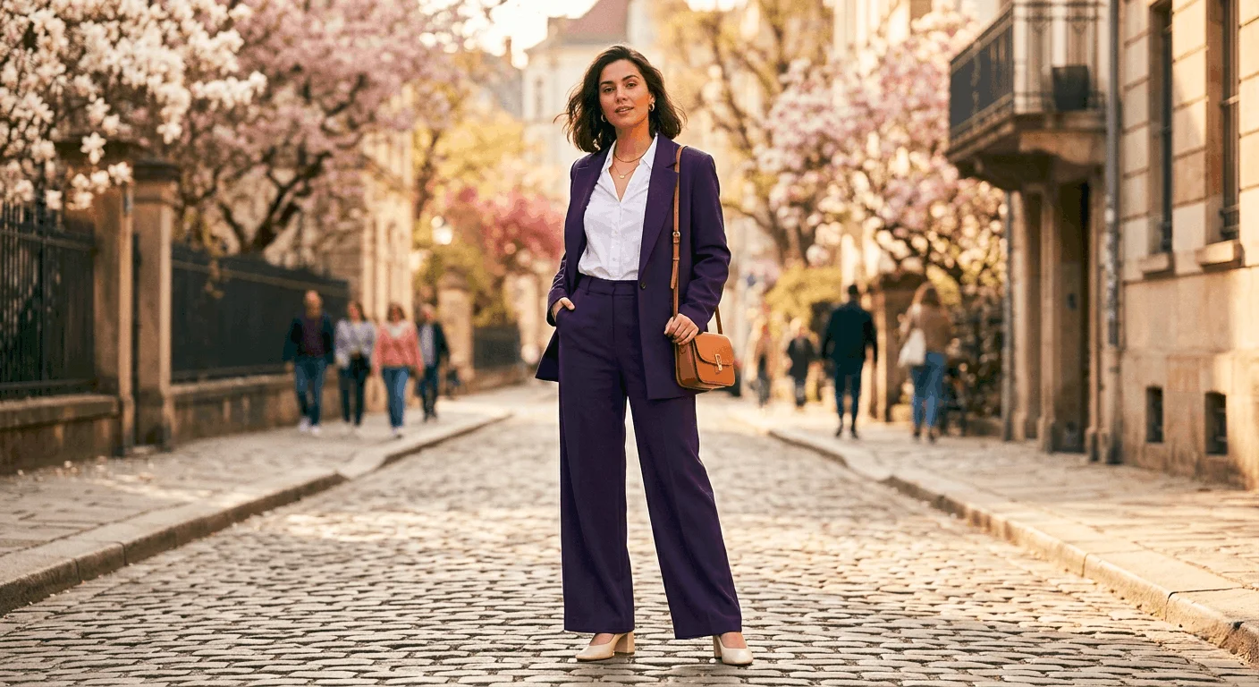 What's in style spring 2026 — woman wearing rich violet wide-leg suit with white blouse and square-toed heels on a sunny cobblestone street