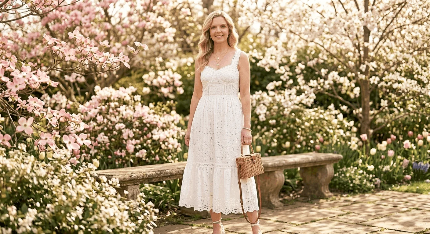 Woman wearing a white broderie anglaise midi dress with rattan bag and gold layered necklaces as an Easter dress for women in 2026