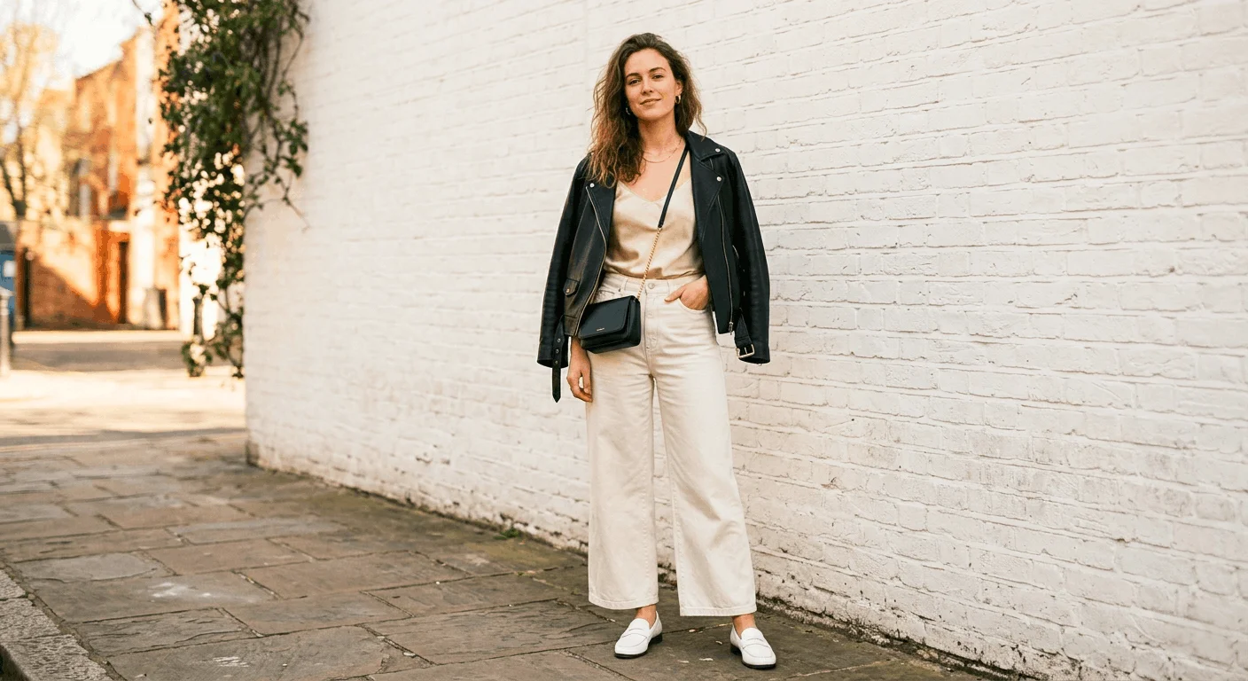 White jeans outfit spring 2026 — wide-leg ecru jeans styled with champagne satin cami, black leather jacket and gold chain bag against a white wall