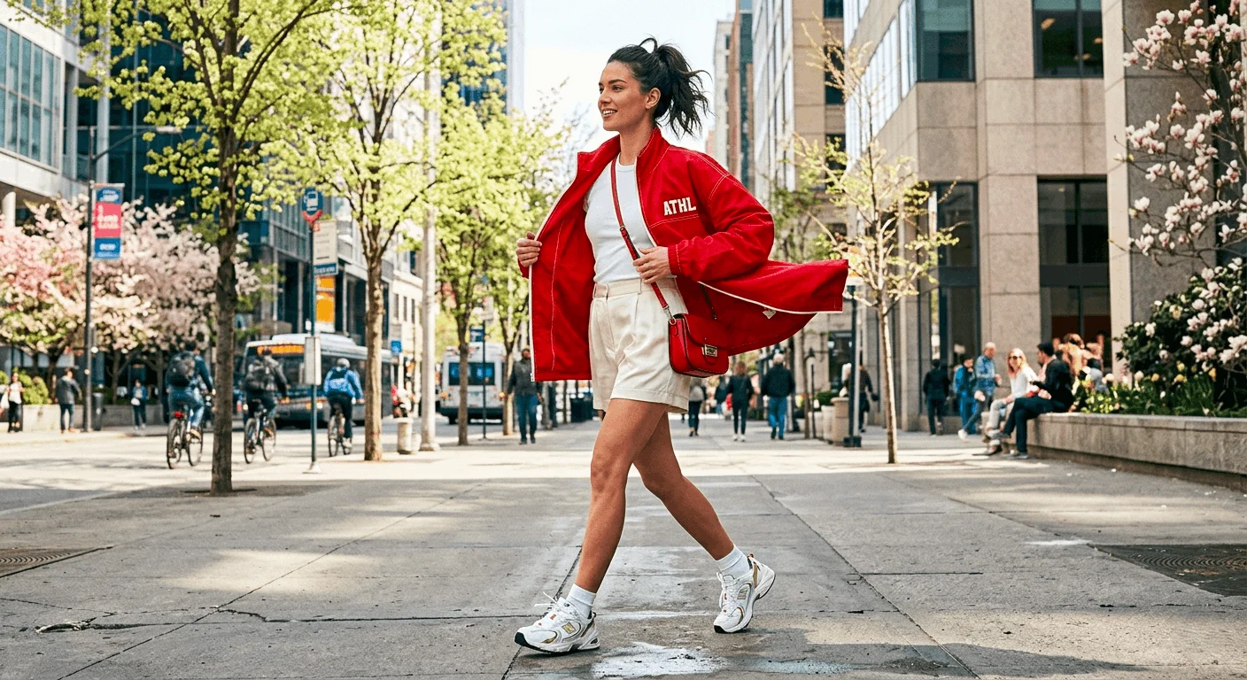 Spring 2026 color trends — terracotta linen shirt tucked into light-wash wide-leg jeans with tan sandals and woven rattan tote at a spring café terrace