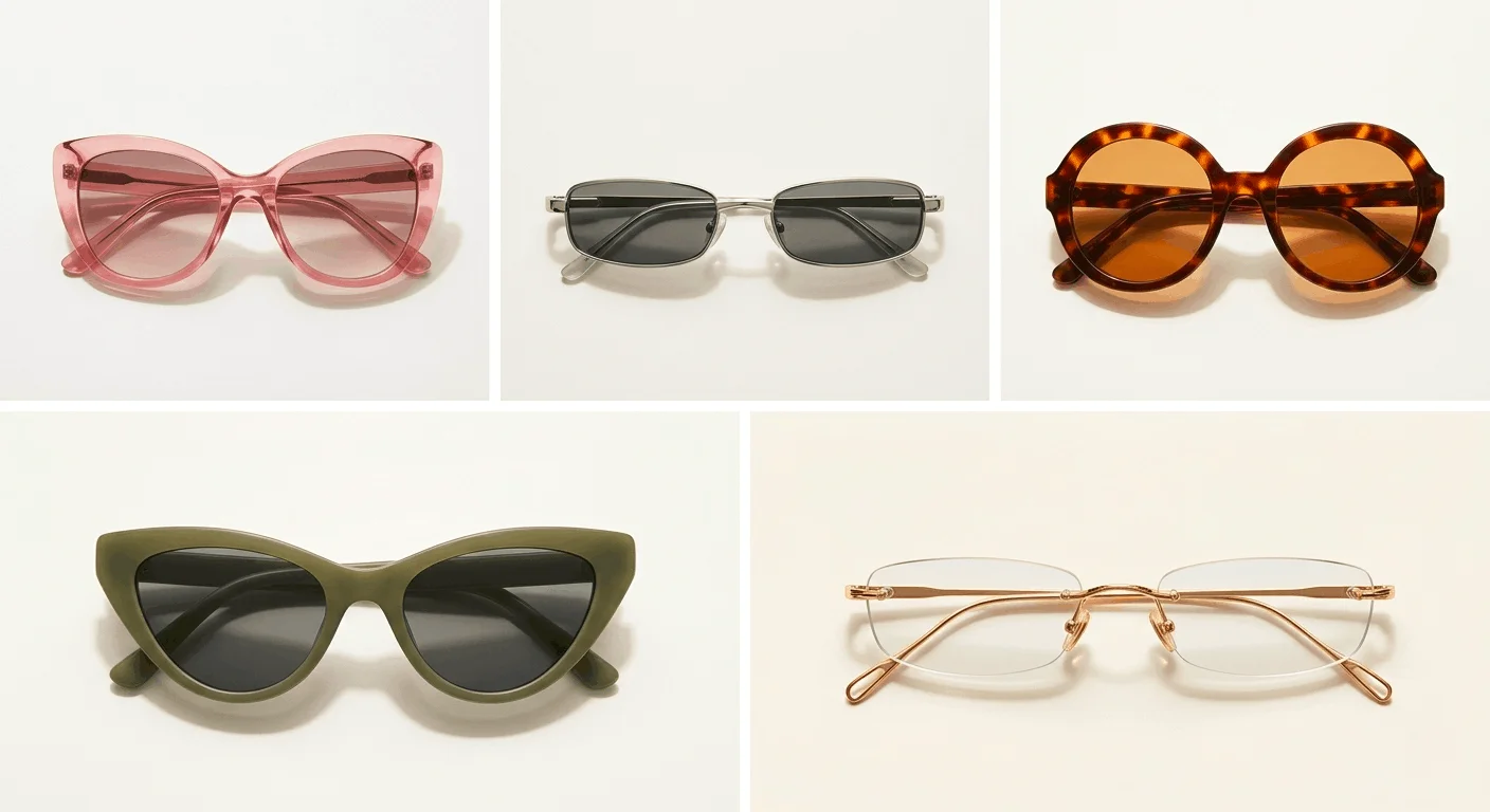Women's sunglasses 2026 trends — butterfly, slim Y2K rectangular, retro round, cat eye, and rimless frame styles for every face shape