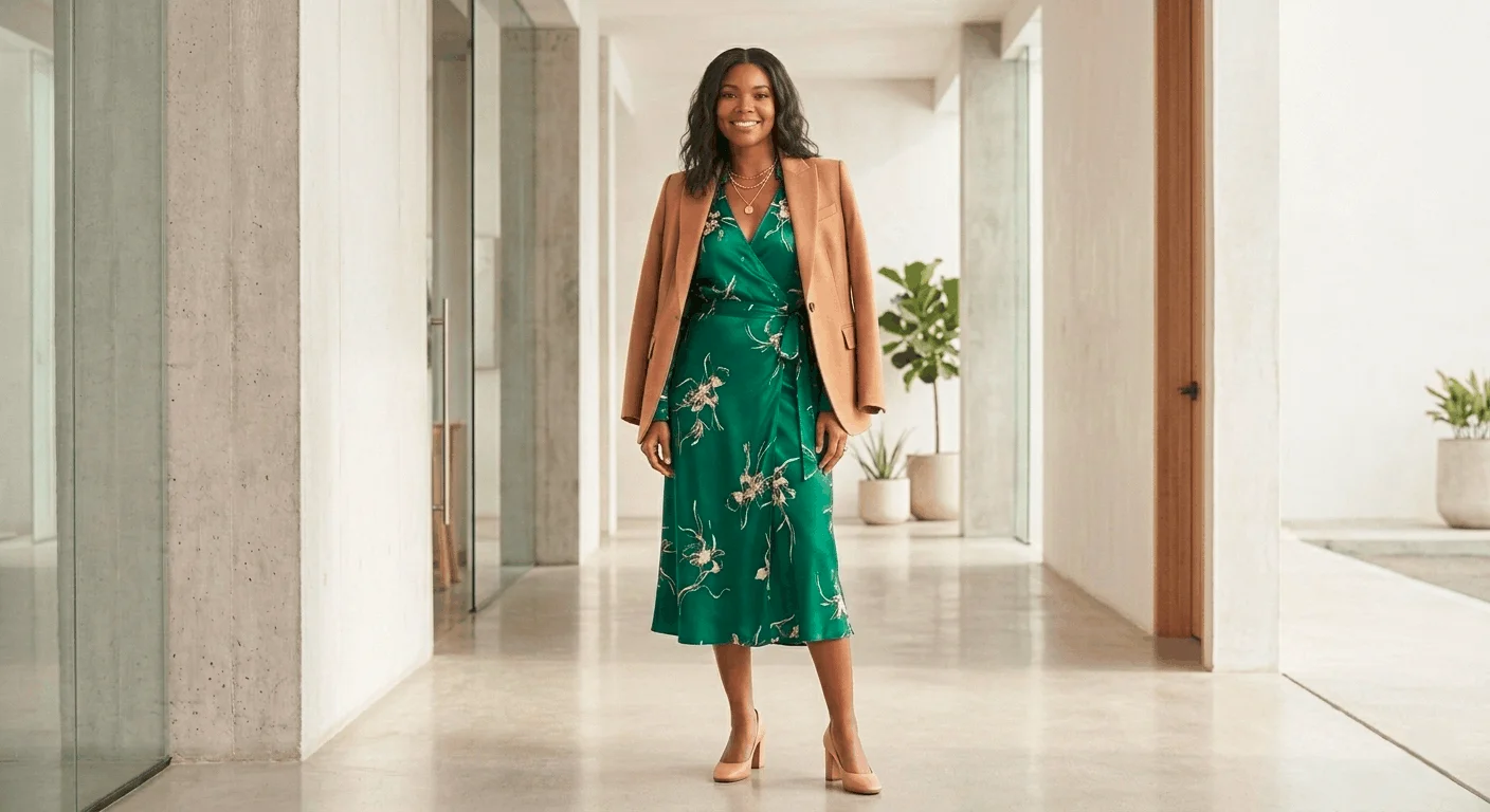 Wrap dress empowering fashion look for International Women's Day 2026 — jewel tone dress with blazer for women