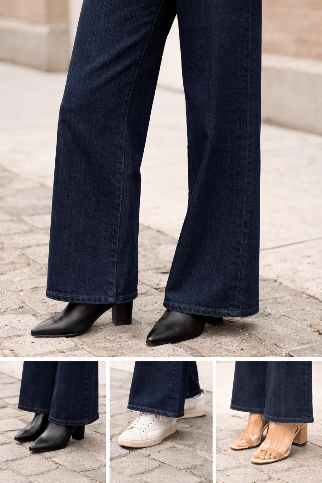 Best shoes to wear with wide-leg jeans 2026 — ankle boots, white sneakers, and block-heel sandals styled with dark wash wide-leg denim