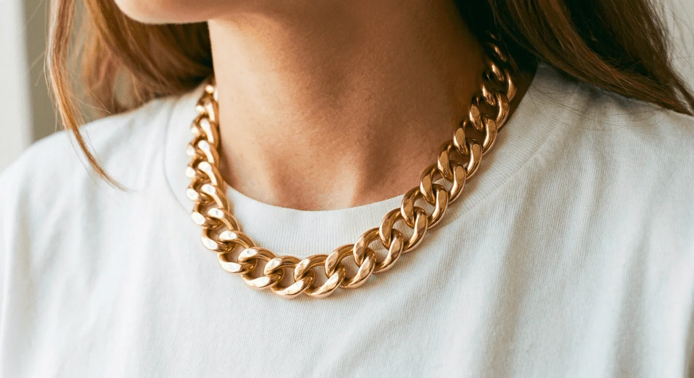 Chunky gold chain necklace trend 2026 shown on collarbone with white shirt