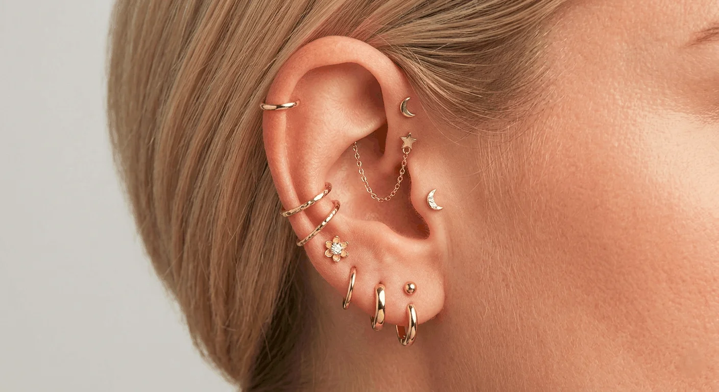 Ear stacking jewelry ideas for beginners showing multiple piercings and trendy pieces 2026
