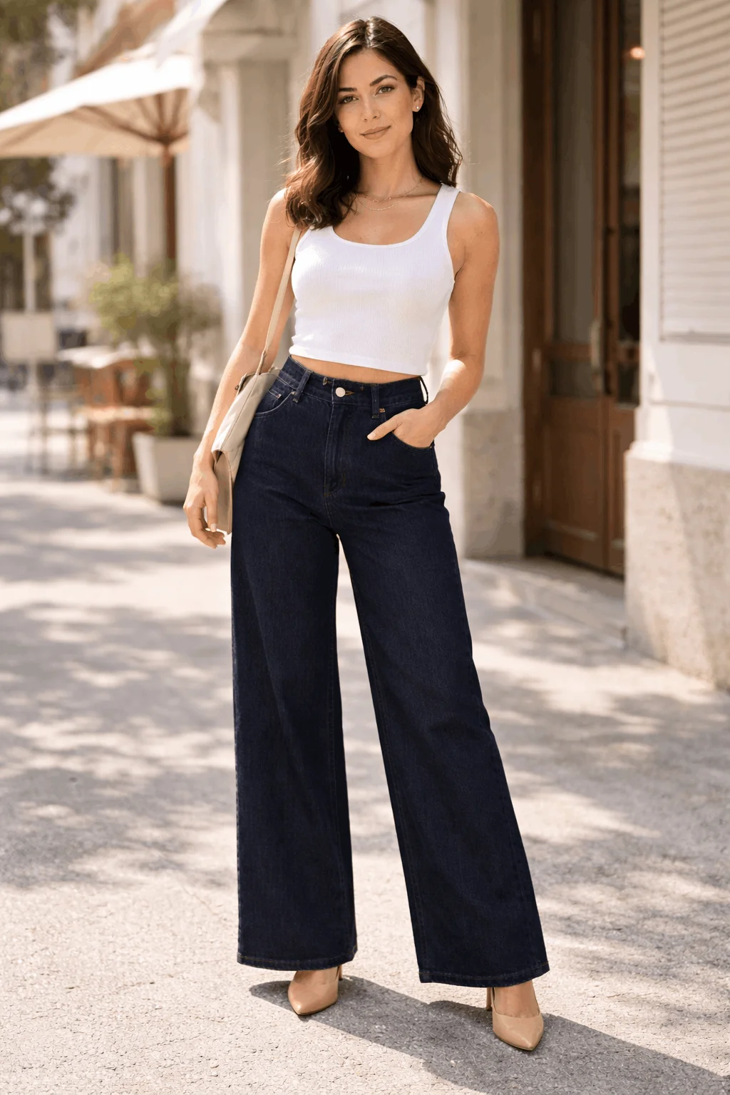 How to style wide-leg jeans if you're short — petite woman wearing high-rise dark indigo wide-leg jeans with cropped tank and pointed-toe heels for elongating effect