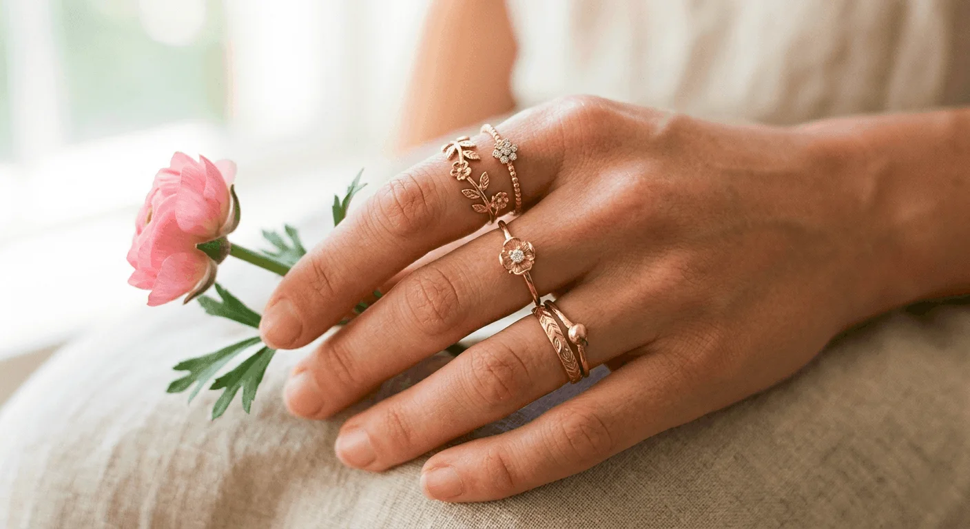 Layered rings trend featuring floral stacking rings for spring accessories 2026