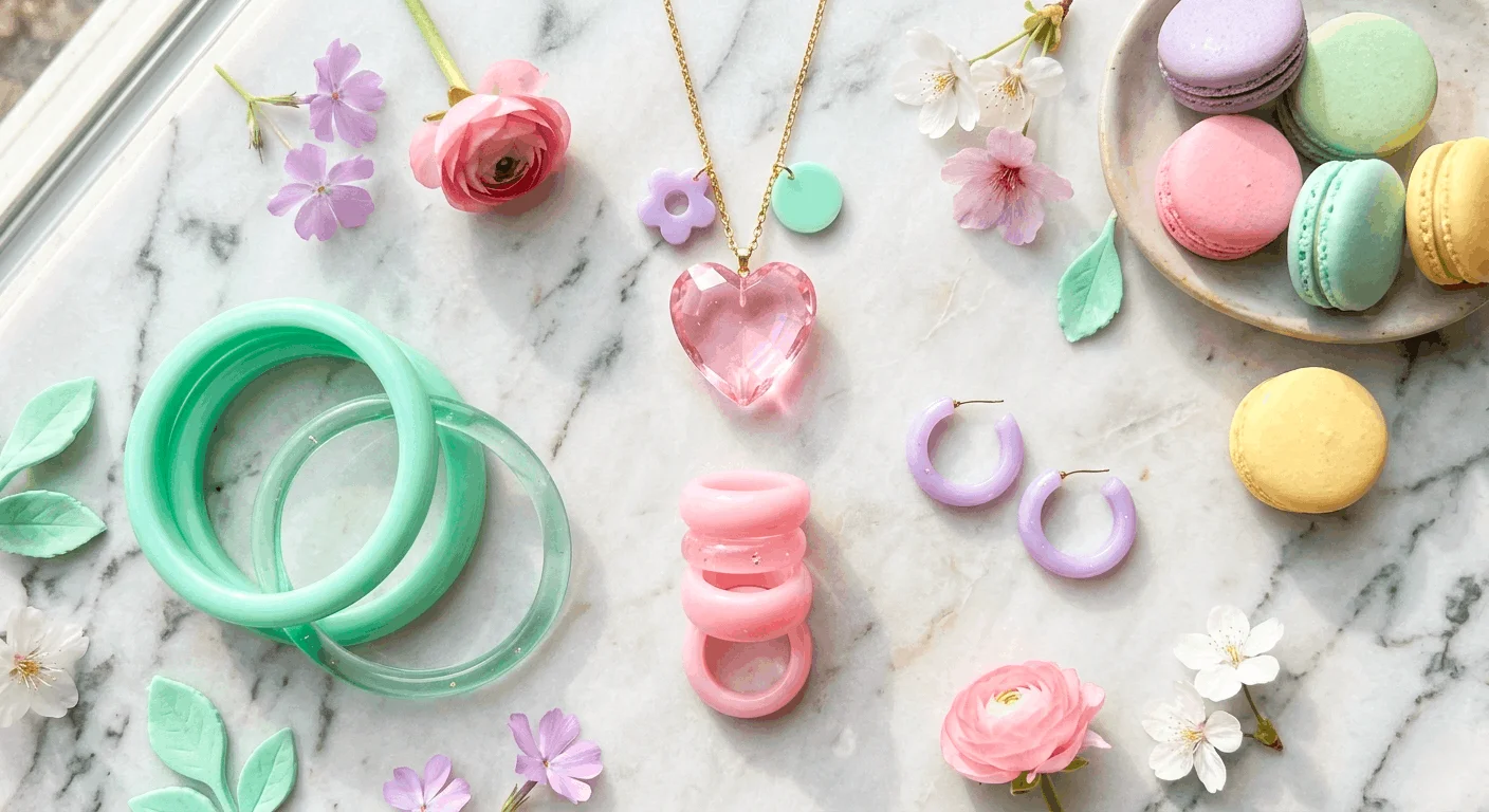 Pastel resin jewelry collection including hoops, bangles, and statement pieces for spring 2026
