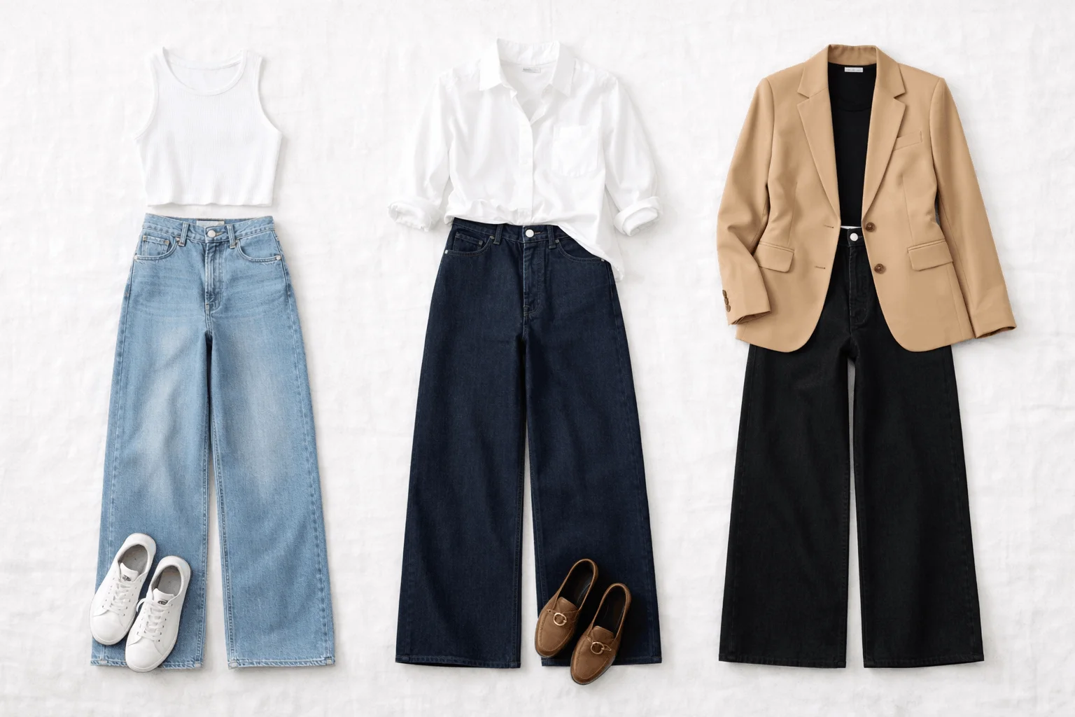 What tops to wear with wide-leg jeans 2026 — three outfit flat lays showing cropped tee, button-down shirt, and blazer styled with wide-leg denim