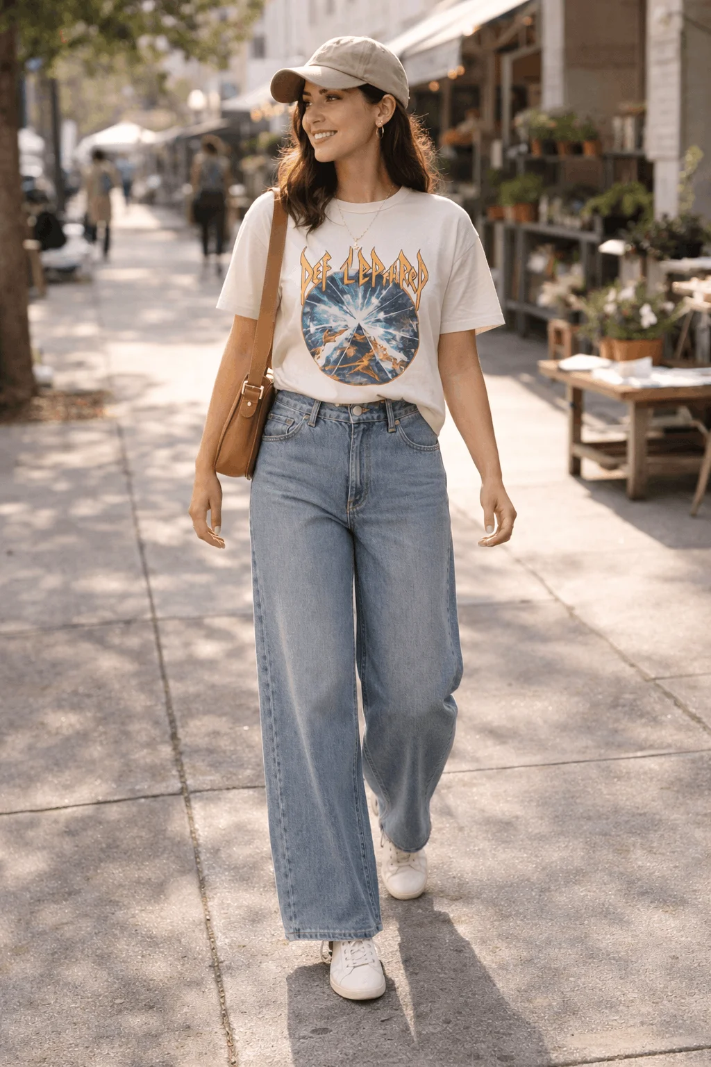 Wide-leg jeans casual outfits 2026 — woman wearing light-wash wide-leg jeans with vintage tee, white sneakers, and baseball cap for an effortless everyday look