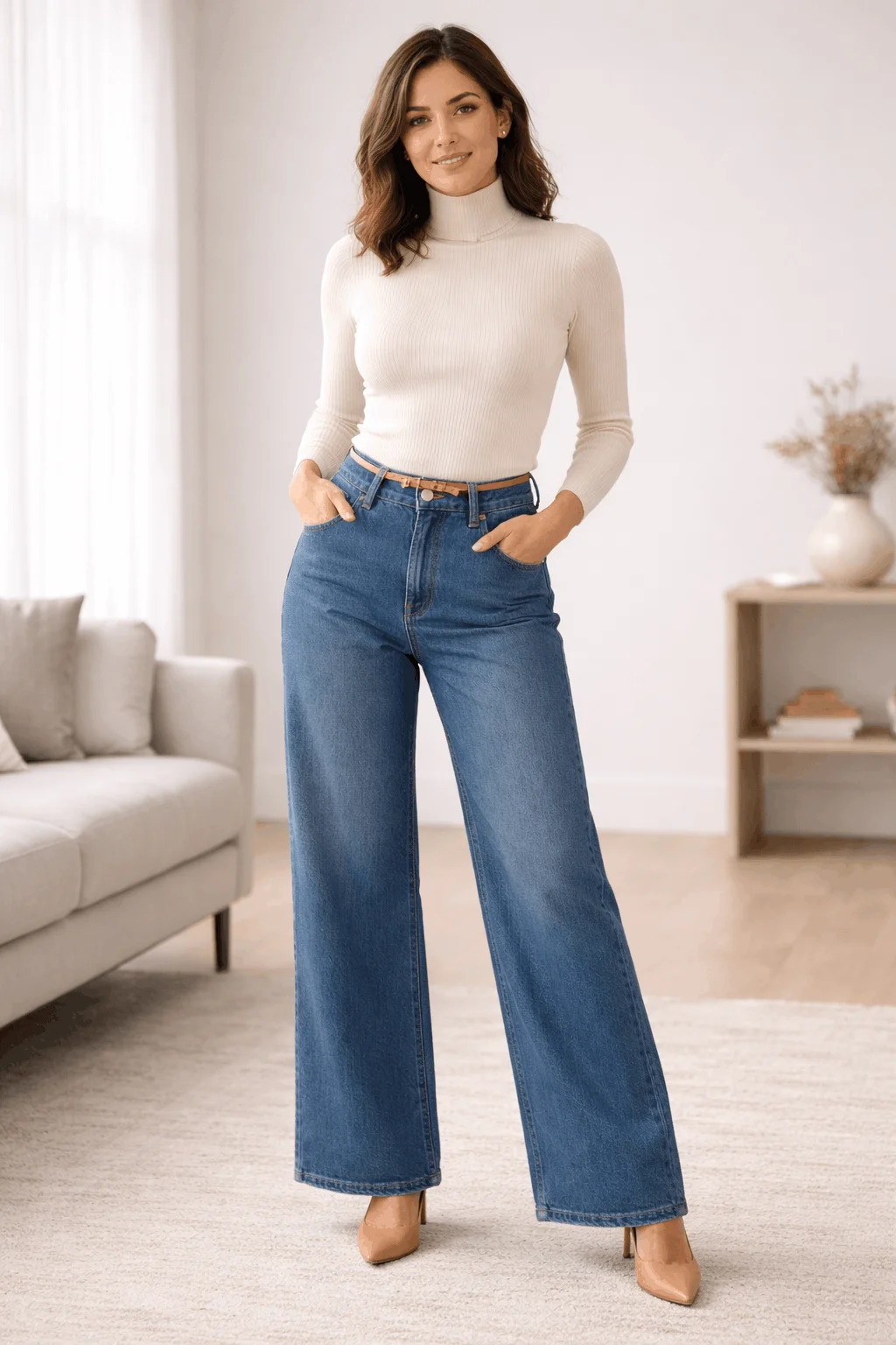Wide-leg jeans outfit ideas for hourglass body type — fitted ribbed turtleneck tucked into high-rise medium blue wide-leg jeans with pointed heels