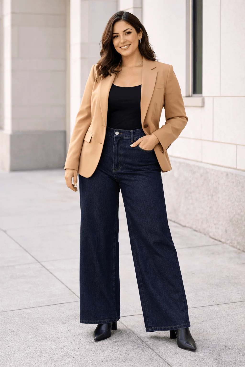 Wide-leg jeans plus size outfits 2026 — curvy woman wearing high-rise dark wash wide-leg jeans with camel blazer and black pointed-toe heels