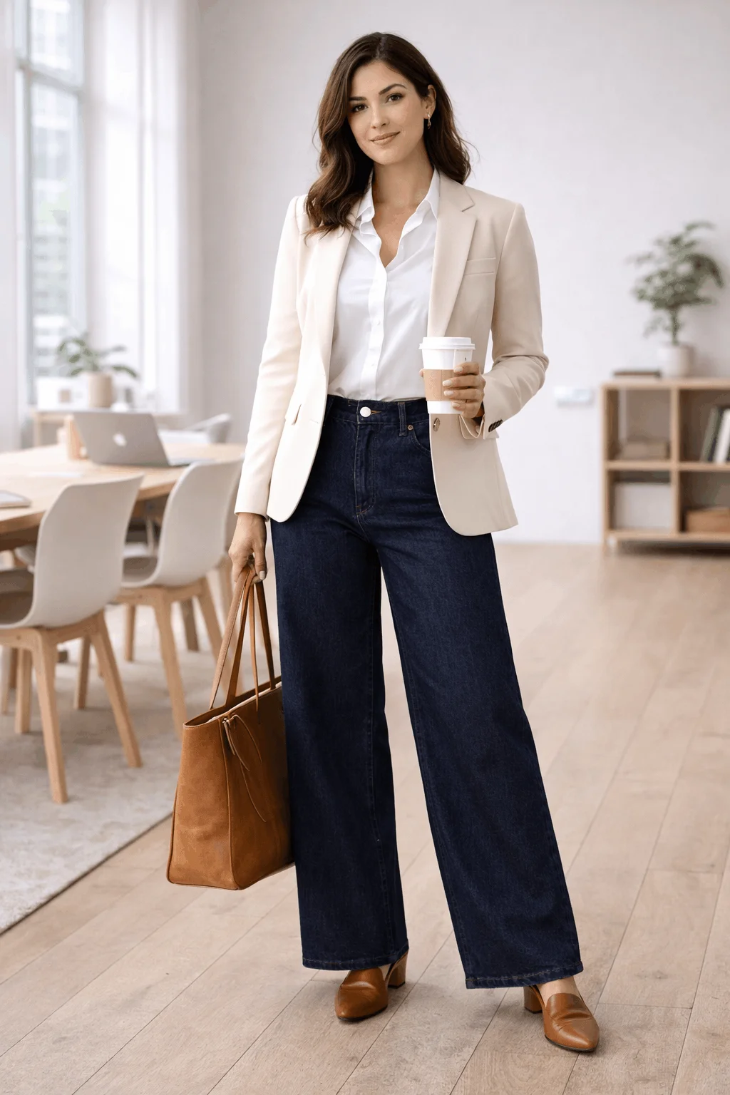 Wide-leg jeans for work outfits 2026 — woman in tailored dark navy wide-leg denim with blazer, white button-down shirt, and leather loafers for a polished office look