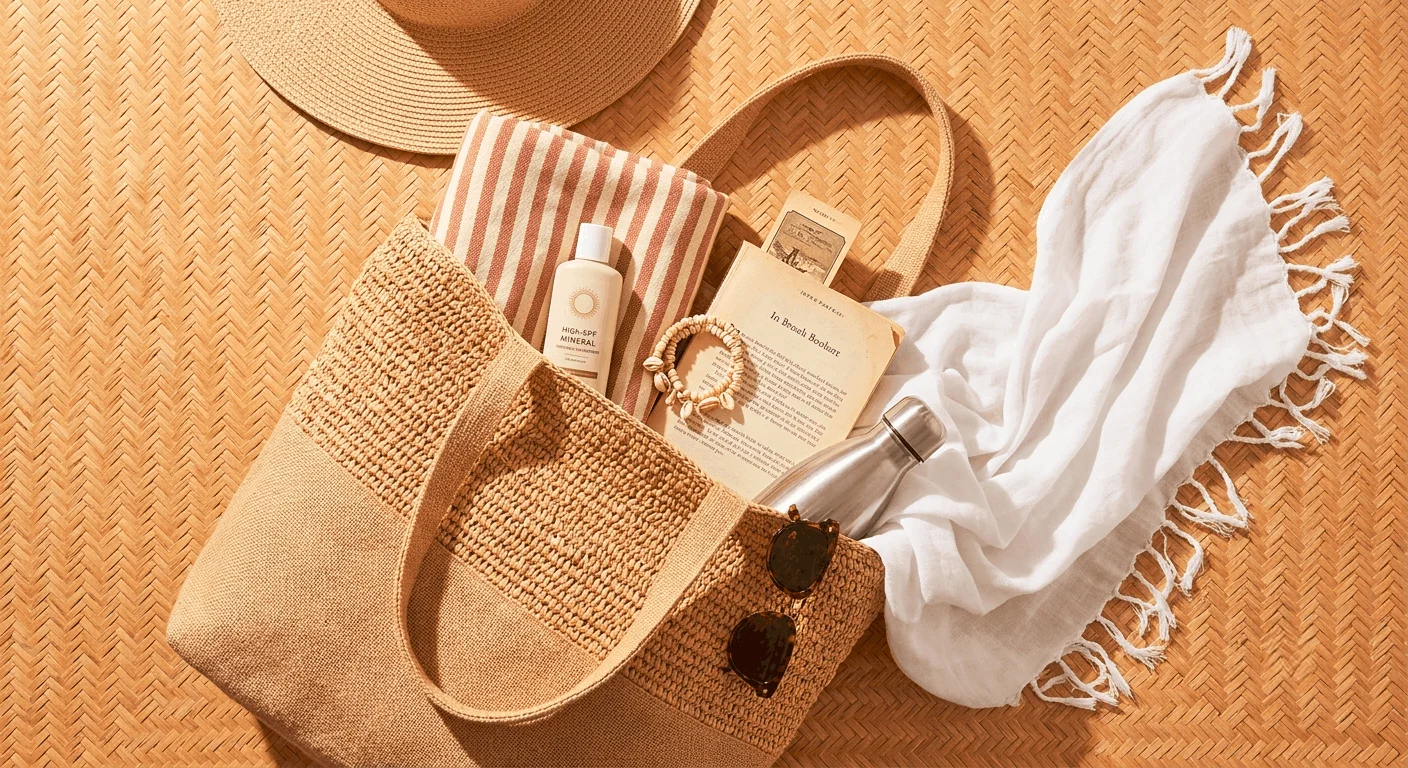 best beach tote 2026 large raffia bag packed with towel sunscreen sunglasses and book overhead flat lay beach day essentials