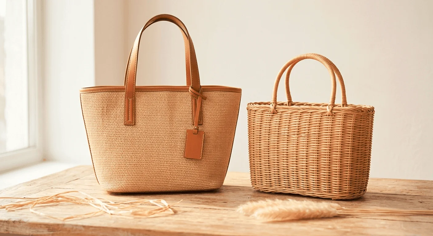 best raffia tote bag and wicker tote bag for women 2026 side by side product photo on natural wood surface