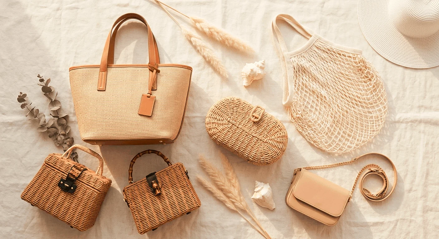 best summer bags of 2026 flat lay including raffia tote wicker basket bag mini crossbody and straw clutch on linen background