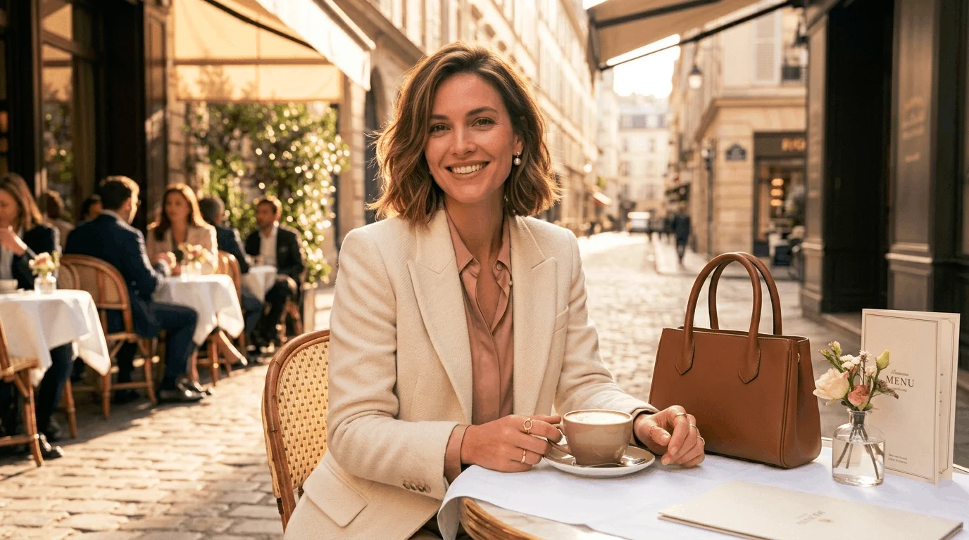 Confident and elegant woman smiling naturally with a polished and sophisticated appearance.