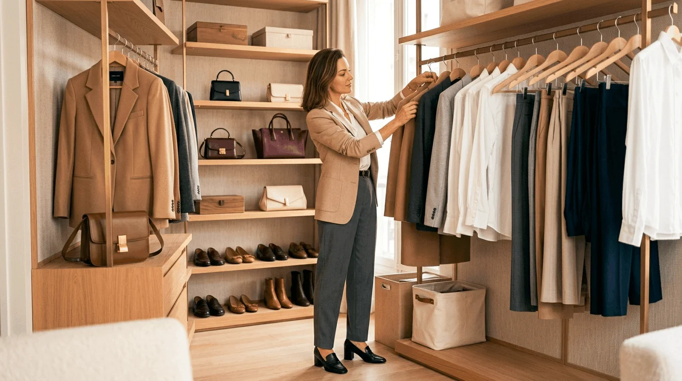 Elegant wardrobe featuring quality clothing essentials including a blazer, white shirt, and neutral trousers.