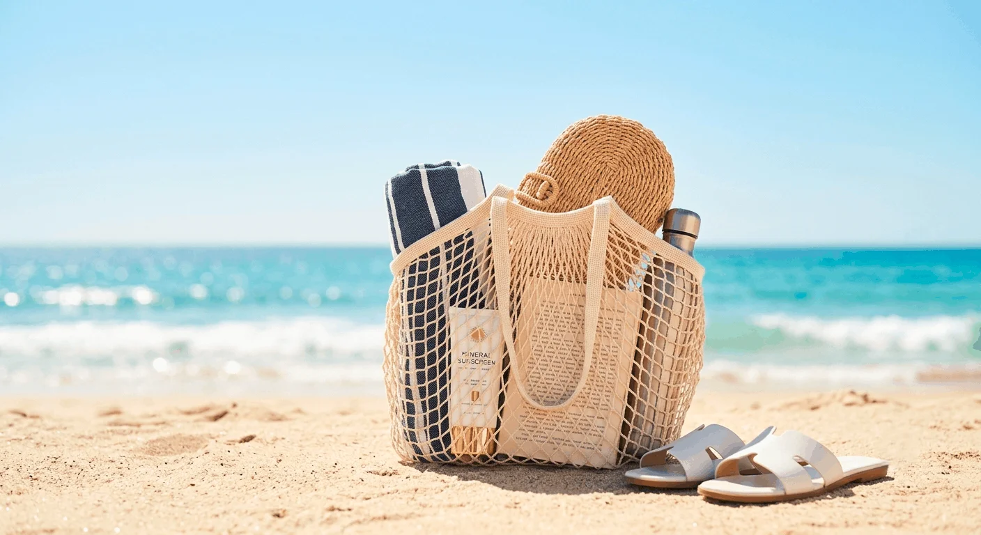 mesh beach bag for women 2026 in ivory filled with towel sunscreen and book on sandy beach with ocean background