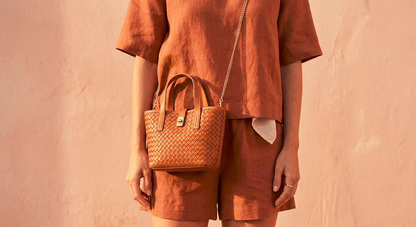mini crossbody bag summer 2026 in natural straw with gold chain strap worn over terracotta linen outfit