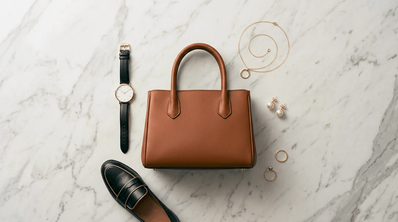 Minimalist fashion accessories including a classic watch, delicate jewelry, and a structured handbag.