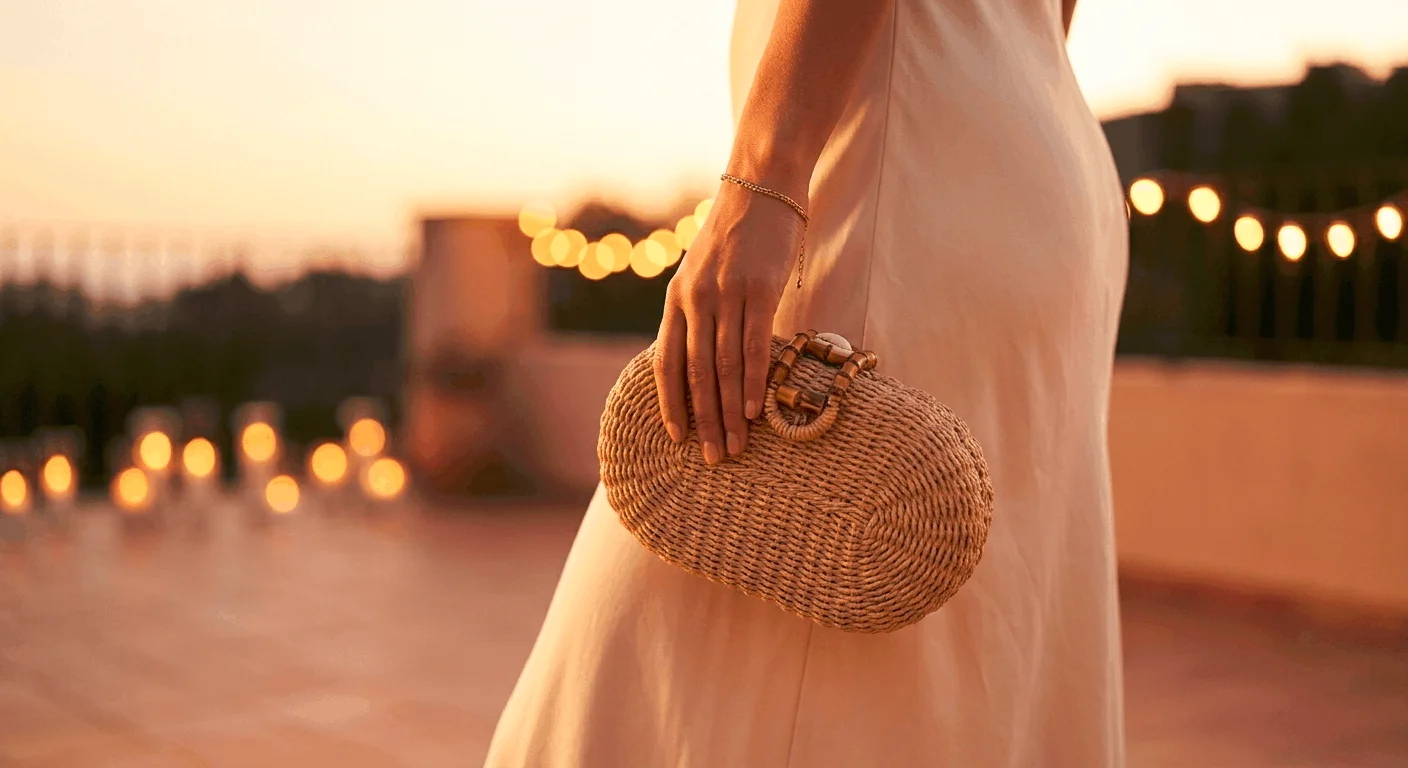 straw clutch bag summer evening 2026 with bamboo clasp held in hand wearing blush slip dress at golden hour