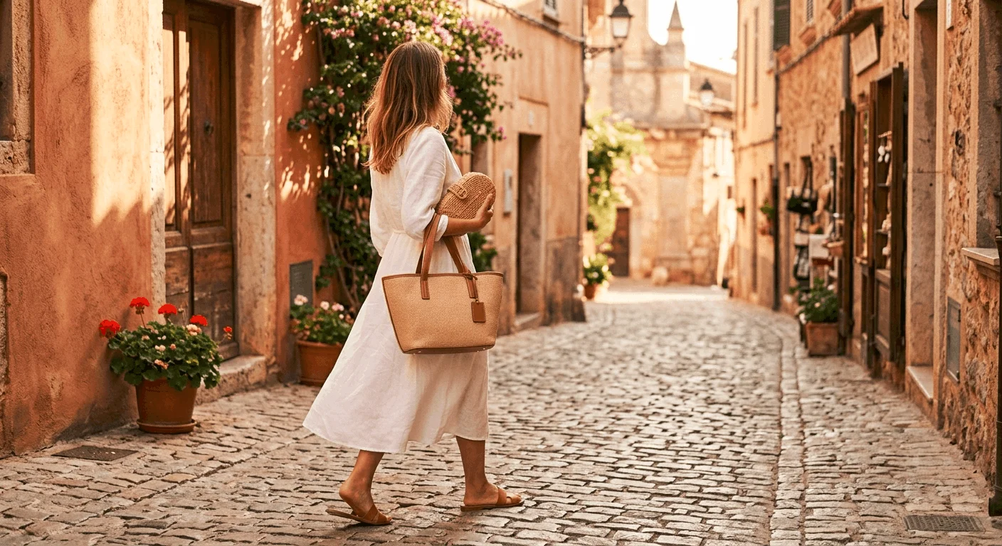 woman carrying raffia tote bag and straw clutch on cobblestone street showing summer bag trends 2026
