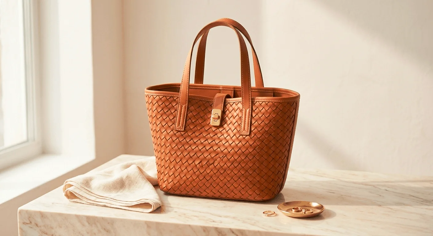 woven leather tote bag summer 2026 in cognac brown with gold hardware on marble surface editorial product photo